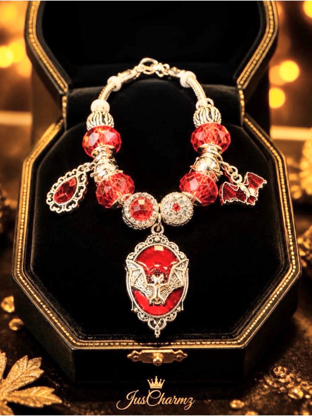 Red Crystal Bat Pendant Charm Bracelet